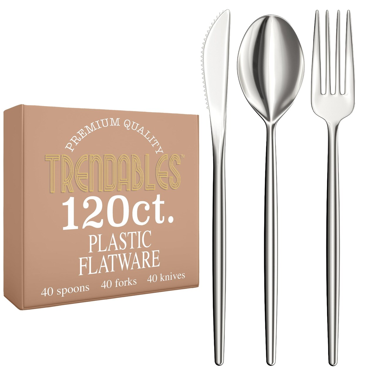 Trendables Disposable Silverware Set - Wedding Plastic Cutlery Dinnerware - Includes modern Forks, Plastic Spoons, disposable Knives - reflective Plastic Utensils Party Set